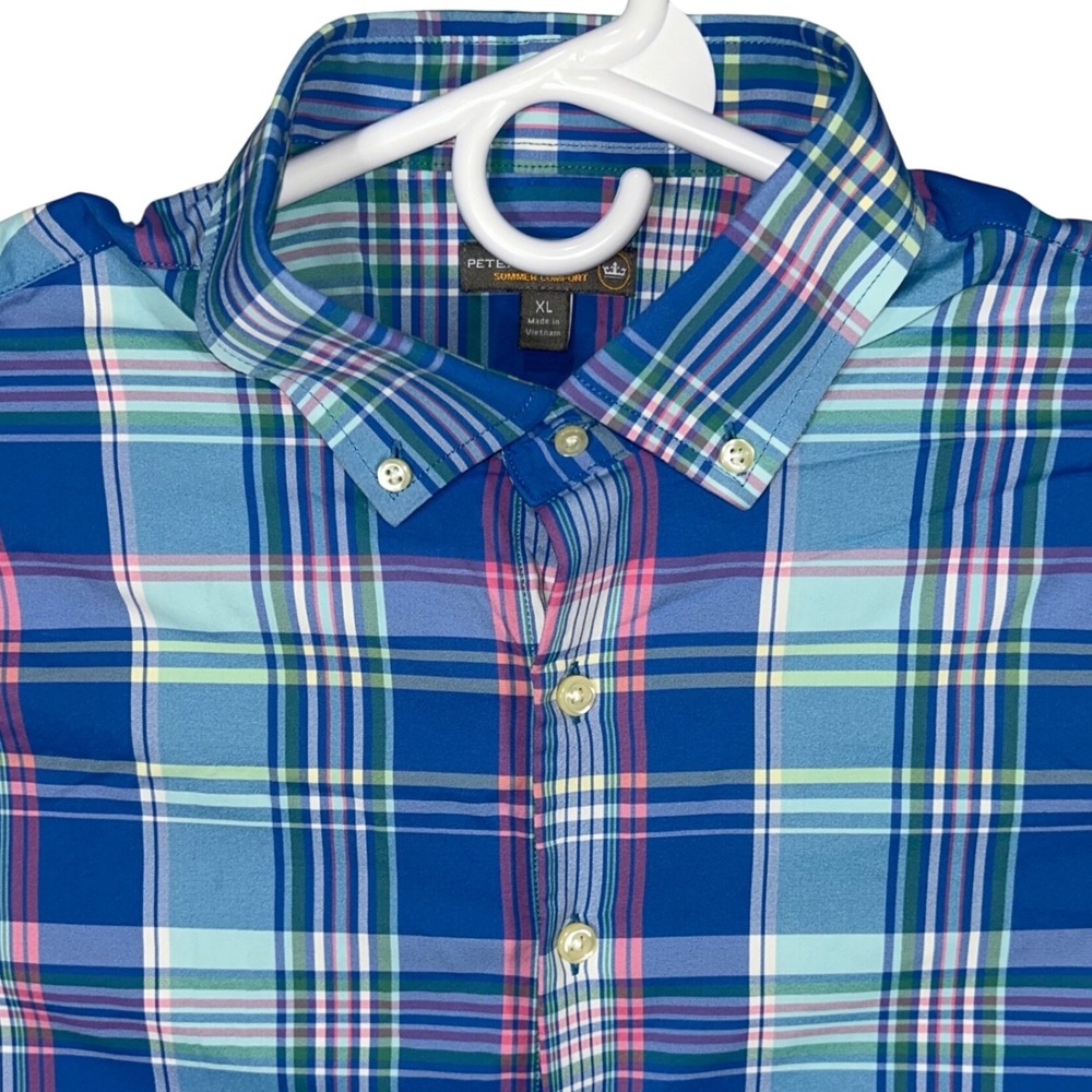 Peter Millar Summer Comfort Mens XL Plaid Button Up Shirt Blue Pink Lightweight